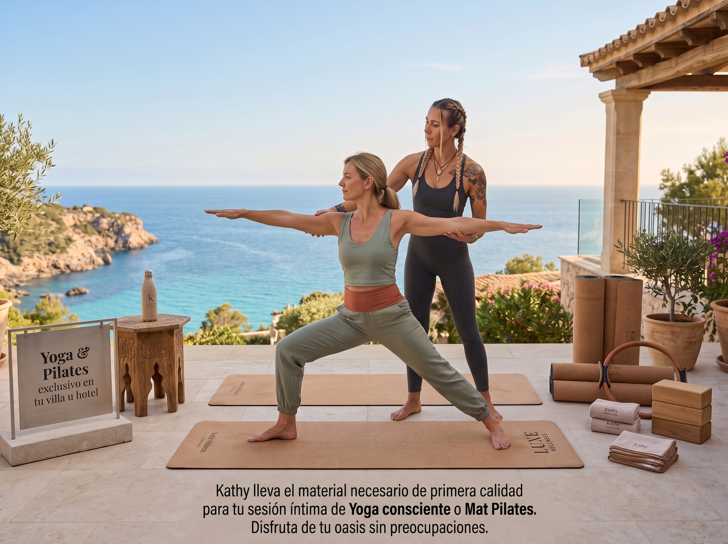 Sesión de Yoga y Pilates en la terraza de piedra de una finca rústica tradicional en Mallorca con vistas a la Serra de Tramuntana